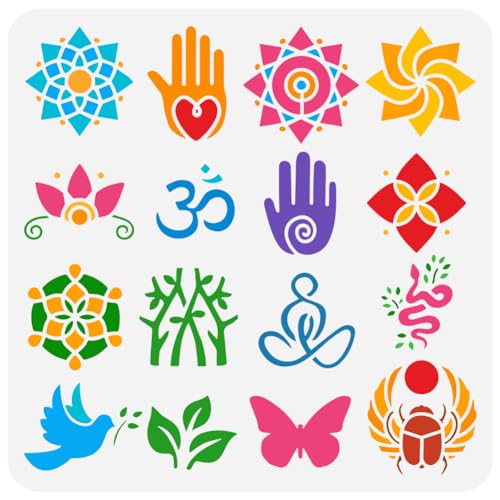 FINGERINSPIRE Estêncil de símbolos budistas para pintura 30 x 30 cm modelo de desenho de padrões geo