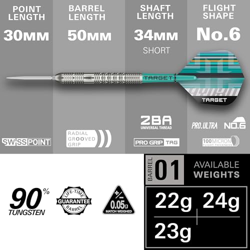 Target Darts Hydro Steel Tip Dart Set, 22G (Barrel 01) | 90% Tungsten Darts, Silver Swiss Point Tips, Pro Grip Tag Shafts & Pro Ultra No.6 Flights, Sp Tool Included | Professional Dart Sets - 2