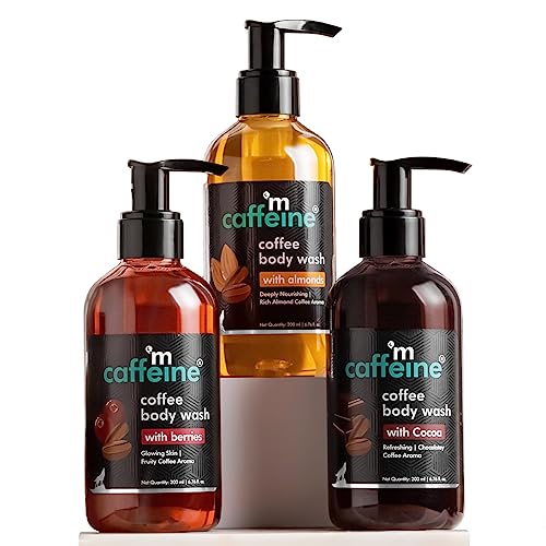 Image of mCaffeine Coffee Body Washes for Men & Women| For Tan Removal & Deep Cleansing | Assorted Value Pack Combo | Contains 3 Shower Gels in Energizing Aroma of Berry, Almond & Cocoa | Pack of 3 | 600ml