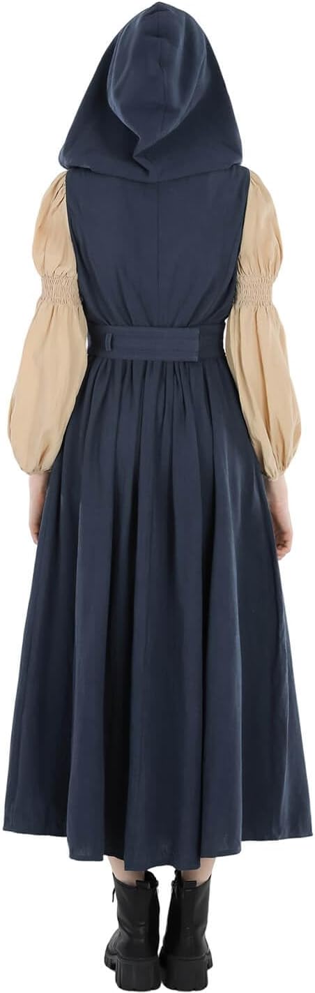 Nuoqi Renaisssance Dress Women Long Medieval Hooded Costume Peasant Dress with Corset Belt