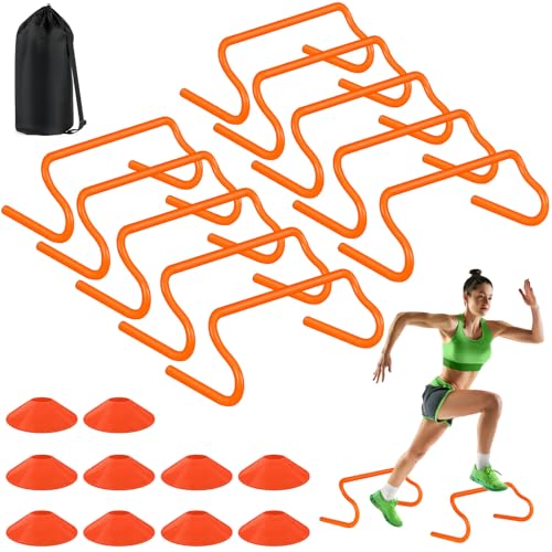 agility hurdles training equipment - 10 speed hurdles and 10 soccer cones with carrying bag for soccer football and track drills ideal for athletes speed and agility training