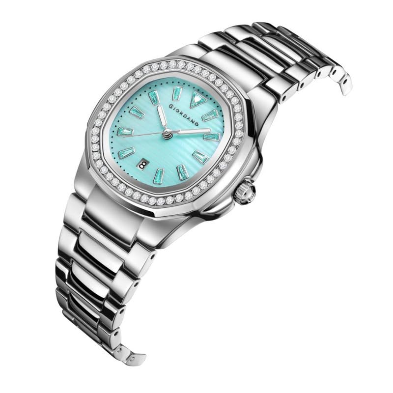 Image of Giordano Luxury Analog Quartz Watch for Women with Square Textured Dial, Crystal Indices, Date Display Function and Stainless Steel Strap - GZ-60116