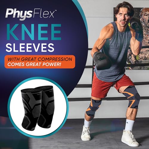 Image of PhysFlex Knee Brace for Pain Relief - Knee Compression Sleeves for Men and Women - Support for Weightlifting, Gym, Workout, Volleyball, Arthritis (XL, Black)