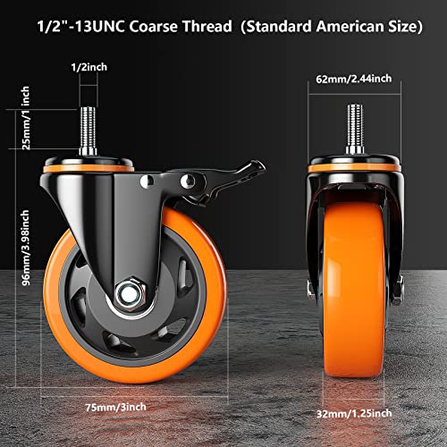 YUPEZOP Stem Caster Wheels Heavy Duty with Brake Casters Set of 4 (3 inch, 1/2""-13x1""), 3scw12