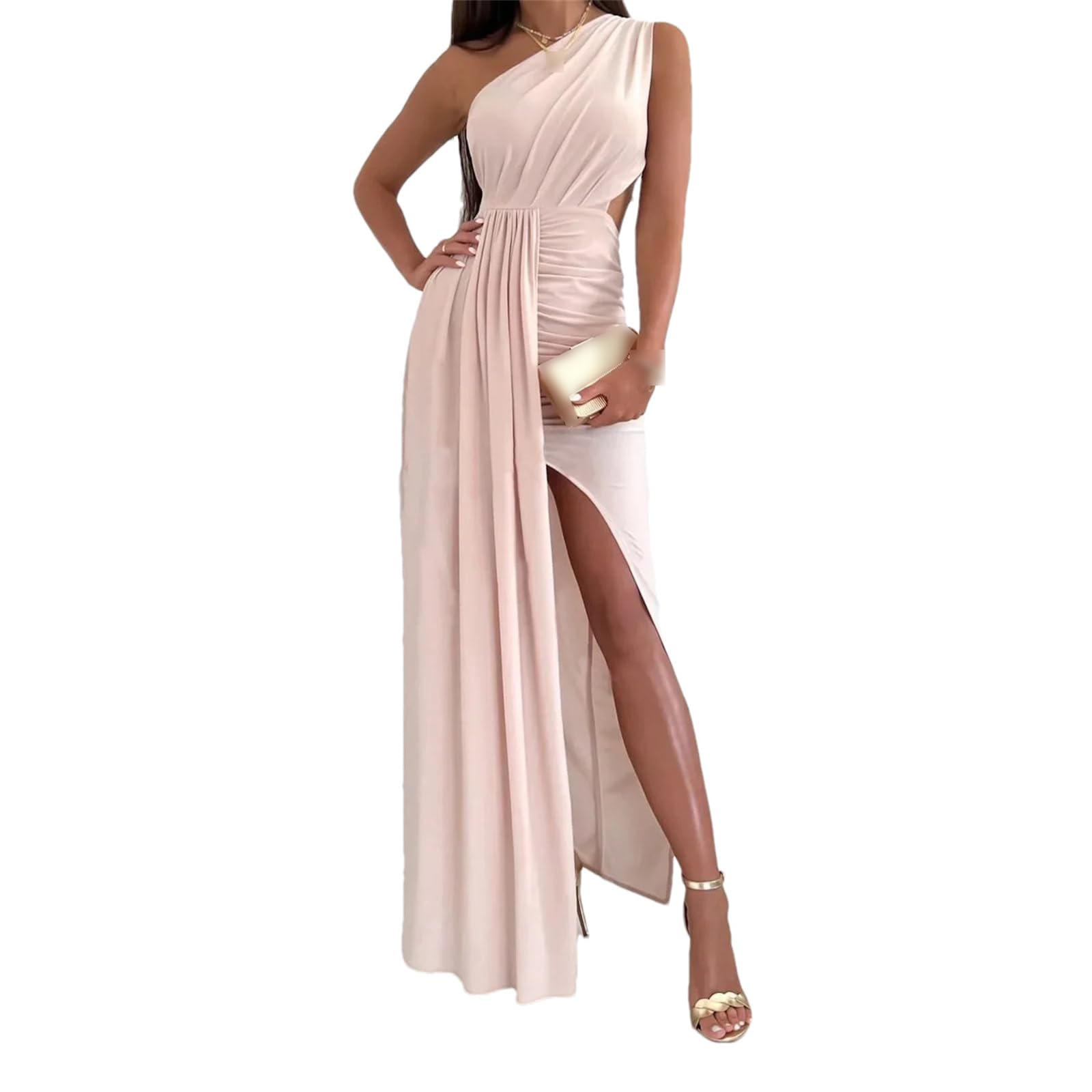 ZouoYYii Women's Banquet Party Dresses Sexy Sleeveless Slanted Shoulder Hollow Slit Skirt Prom Dress for Women