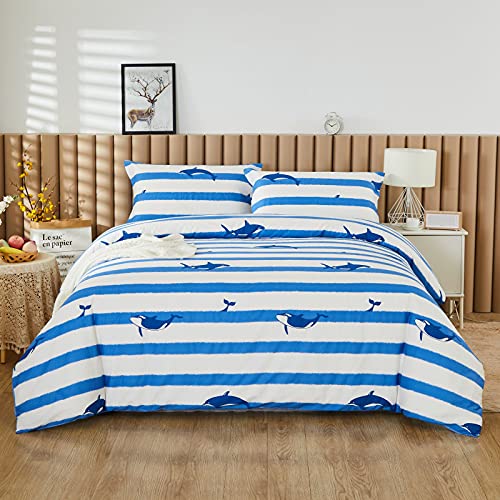 Brandream Nautical Bedding Sets Queen Full Size Cotton Kid Boy Girl Blue Striped Whale Fish Bedding Bedroom Set Reversible Duvet Cover Set 3-Piece(No Comforter Inchluded)