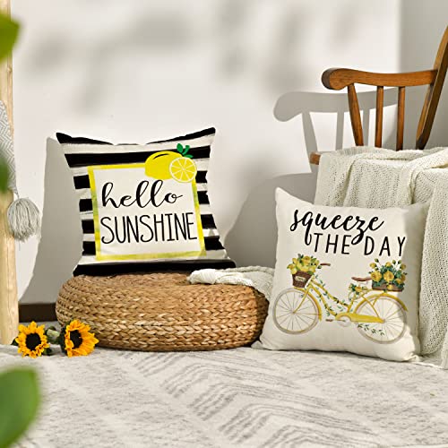Avoin Watercolor Stripes Hello Sunshine Throw Pillow Cover, 18 X 18 Inch Buffalo Plaid Lemon Wreath Bicycle Squeeze The Day Cushion Case For Sofa Couch Set Of 4 #TOP2