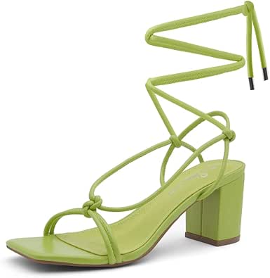 Shoe Land Womens SL-Sweets Lace Up Chunky heeled sandals Strappy Straps Ankle Wrap Heels Square Open Toe Party Shoes