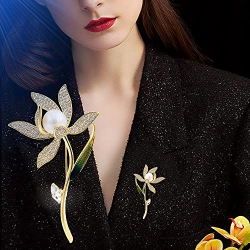 Broche orchidée en émail vert et perles d'eau douce d'exception