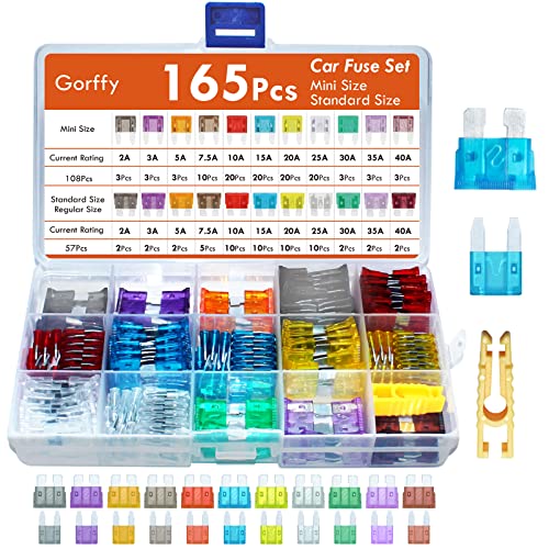 Car fuses 165Pcs Gorffy Car Fuse Assorted 108 Mini + 57 Standard Blade Fuses 2A 3A 5A 7.5A10A 15A 20A 25A 30A 40A with Storage Case and Fuse Extrator for Automotive ATM/ATC/ATO