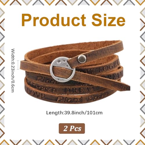 2PCS Cowhide Leather Wrap Bracelets Wristbands Cuff Vintage Adjustable Genuine Leather Boho Layered Bracelet Western Brown Stackable Straps Arm Armor with Alloy Toggle Clasp for Men Women2