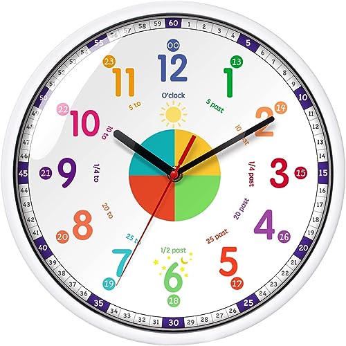 EMITDOOG Horloge murale pour enfants, adorable horloge murale silencieuse sans tic-tac colorée pour filles et garçons, chambre d'enfant, salle de classe, salon, 30,5 cm