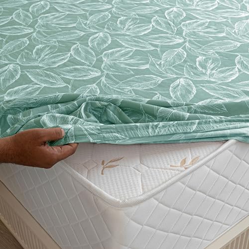 Image of HOMEMONDE Cotton Elastic Bedsheets Leaf Printed Noiseless Fitted Bed Sheets King Size 72 x 78 Inches with 2 Pillow Covers - Aqua Blue, 210 TC | Perfect for Home Decor & Gifting