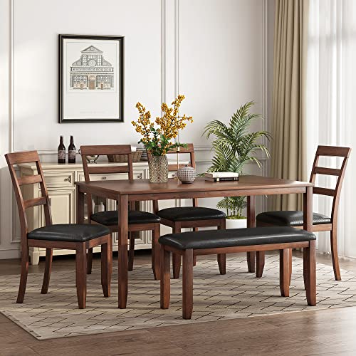 Harper & Bright Designs 6 Pieces Dining Table Set With Bench, Kitchen Table Set With Wood Dining Table, Upholstered Bench And Dining Chairs For Kitchen Dining Room, Walnut Pu Cushion #TOP26