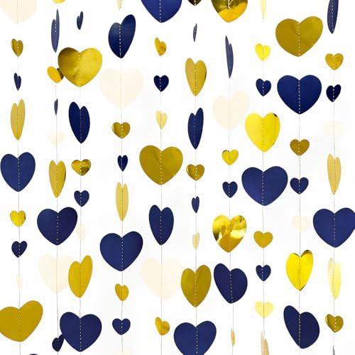 Image of 52Ft Valentines Day Party Decorations Navy Blue Gold Love Heart Garland Royal Blue Gold Hanging Streamer Banner for Anniversary Mothers Day Bachelorette Engagement Wedding Bridal Shower Birthday Party