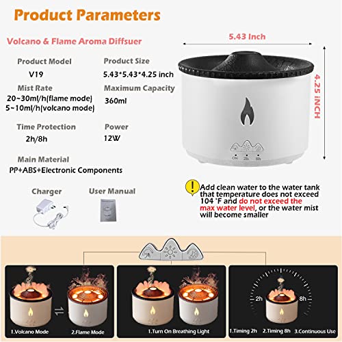 Phiwills Essential Oil Diffuser, Flame & Volcano 2 Mist Modes Aromatherapy Diffuser, Warm Light, Timer & Auto-Off 360Ml Ultrasonic Air Humidifier For Bedroom Home Office Ideas Women Gift #TOP5