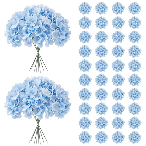 JPSOR 40pcs Artificial Hydrangea Silk Flower Heads with Stems Fake Flowers for Wedding Centerpiece Home Garden Party Decoration (Blue)