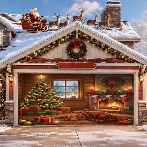 Image of Cozy Fireplace Christmas Scene Garage Door Cover 157x71 Inch