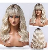 HAIRCUBE Platinum Blonde Wigs Shoulder Length Curly White Bob Wigs for Women Dark Root Easy-Care ...