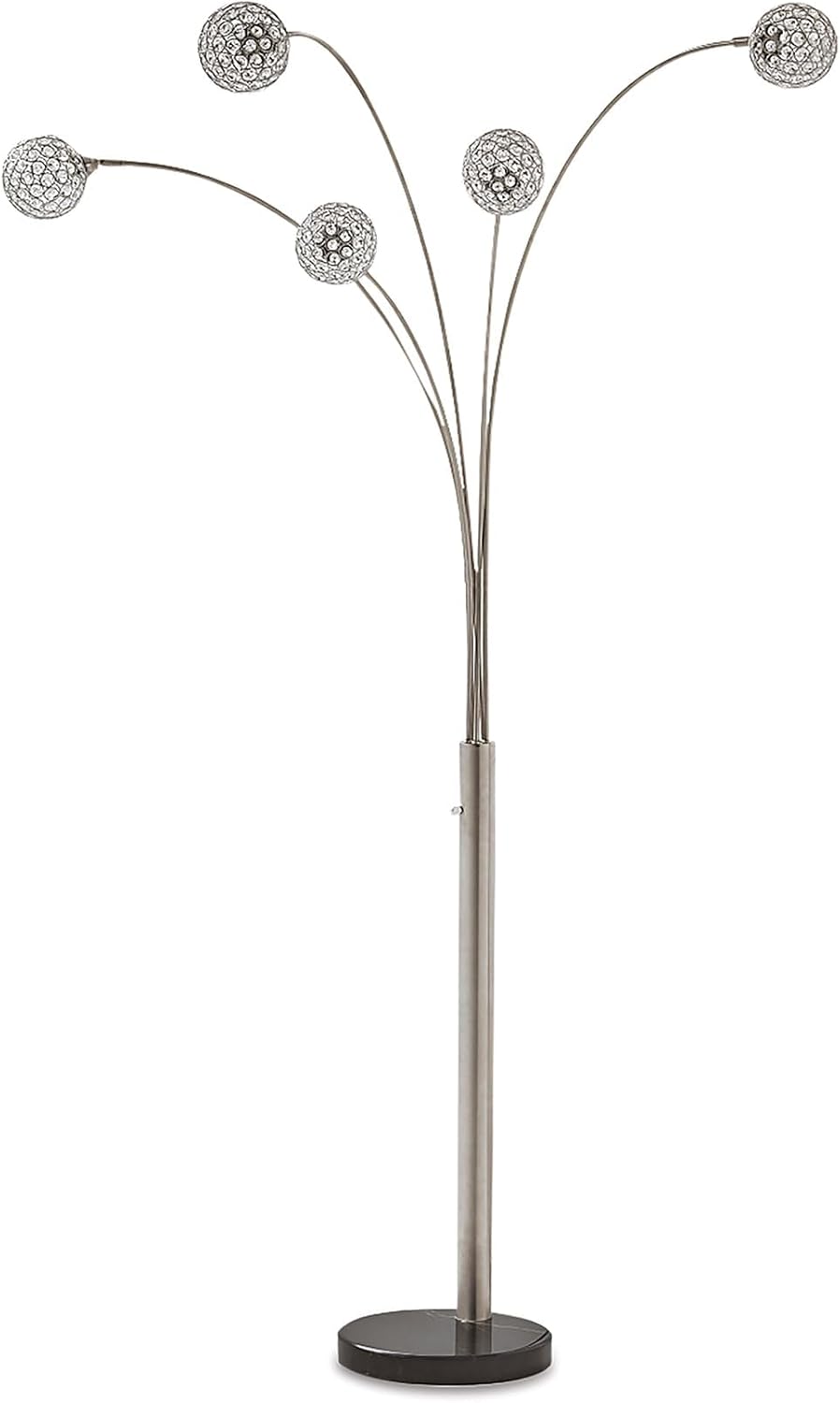 BOWERY HILL Contemporary Metal Arc Floor Lamp, 95" H x 13.75" W x 27" D, Silver Finish, 5-Light with Crystal-Like Acrylic Bead Shades, Marble Base, UL Listed, Dimmer Switch