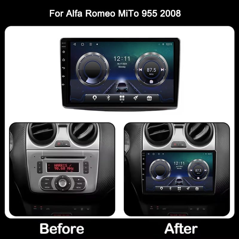 Radio samochodowe z systemem Android 15 z podwójnym DIN, pasuje do ekranu dotykowego 9 cali do Alfa Romeo MiTo 955 2008 z Wi-Fi, Carplay/Android Auto nawigacją GPS i Bluetooth, 4 Core WiFi 2G +