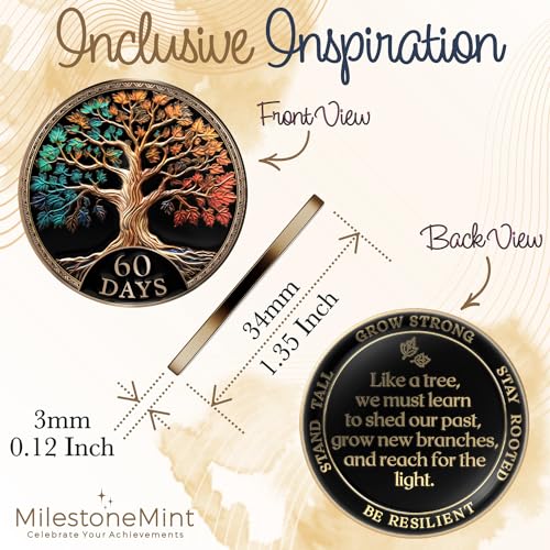 Image of MilestoneMint 60 Days Sobriety Coin Tree of Life Gift Set | Anniversary Sobriety Gifts for Men & Women | AA Coins and Medallions with Token Capsule, Stand & Card | 3D Texture, Recovery AA Chips