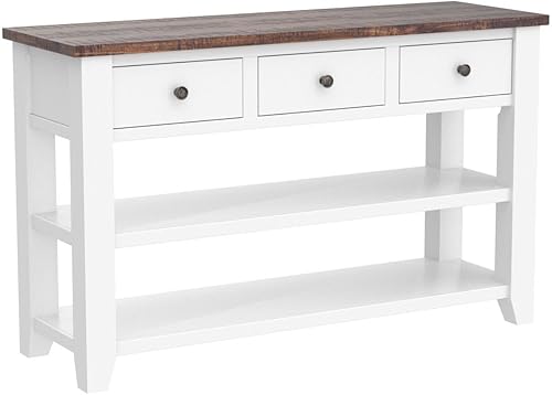 Miniatura 4 de Mesa de consola de madera maciza de 48 pulgadas, mesa auxiliar moderna para sofá de entrada con 3 cajones de almacenamiento y 2 estantes, fácil de