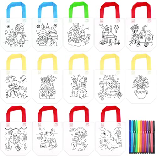 INHEMING 14 Pcs DIY Graffiti Party Bag for Kids Colouring Non-woven Bag Tote Bag Eco Arts Crafts Shopping Gift Bag for Schools and Birthday Party (with 12 Colouring Pen)