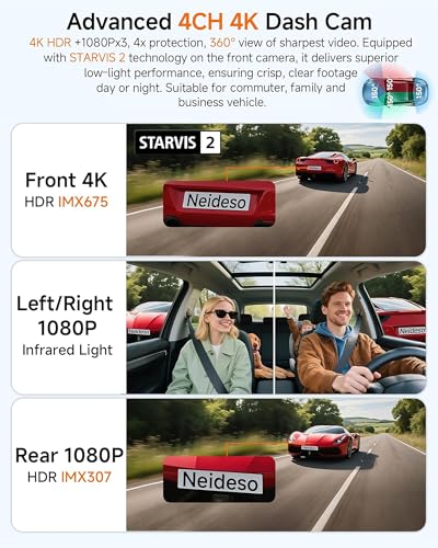Image of Neideso 4K Dash Cam Front and Rear, STARVIS 2 Sensor Dash Camera for Cars | Free 128GB Card, 4 Channel 360 Dashcam, 5GHz WiFi, GPS, AI Fatigue Driving Monitor, WDR Night Vision, 24H Parking Mode(N900)