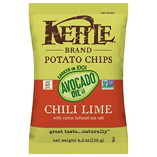 Kettle Brand Potato Chips, 100% Avocado Oil Chili Lime, 4.2 Ounce (Pack of 15)