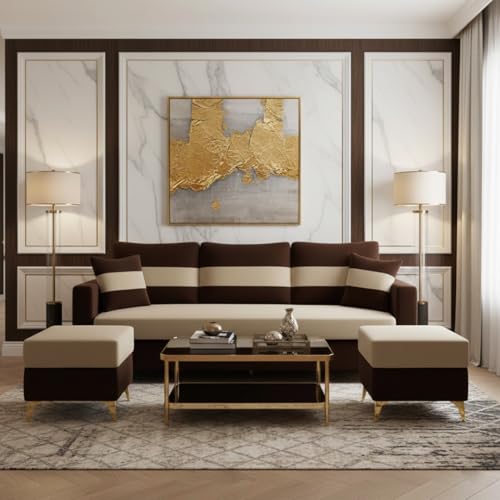 Image of SOCOZI Bastian 5 Seater L Shape Sofa Set with 2 Movable Ottomans | Flexible Layout | Soft Velvet Suede Fabric|Modern Sofa | Plush Comfort Cushions for Living Room (Dark Brown-Beige) | Breathable Material