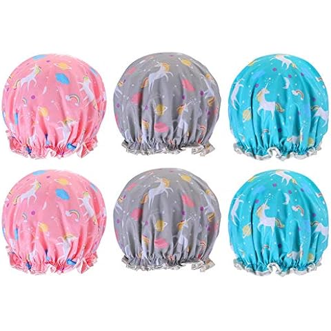 falllea 6 Pcs Unicorn Shower Caps, Double Waterproof Layers Bath Caps for Girls and Women Hair Protection Cover