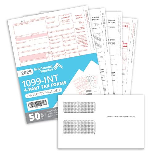 Blue Summit 50 1099 INT Forms 2025 with Envelopes, 1099 Interest Forms 2025, Laser 4 Part Tax Form for Interest Income, Compatible with QuickBooks, Accounting Software, 50 Self Seal Envelopes Included