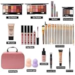 All in One Makeup Kit - 2X14 Eyeshadow Palette, Liquid Foundation, Eyeliner Pencils, Contouring Stick, 20pc Makeup Brushes (Pink) - Image 2