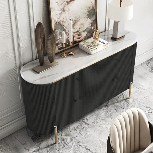 Image of Modern Console Table, 55 x 15 x 30 inch, White Ribbed Design, Marble Top, Gold Accents, 4-Door Storage Cabinet, Waterproof Plywood, PVD-Coated Legs, Elegant Entryway (Black)