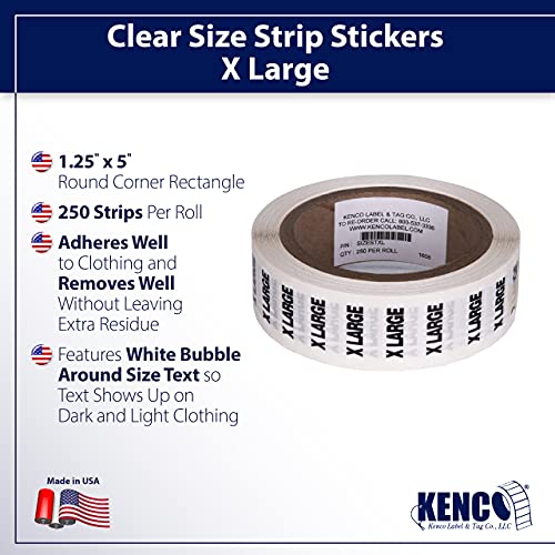 Clothing Size Strip Labels - 1.25" X 5" - 250 Strips Per Roll - Clear With Black And White Ink By Kenco (Extra Large) #TOP2