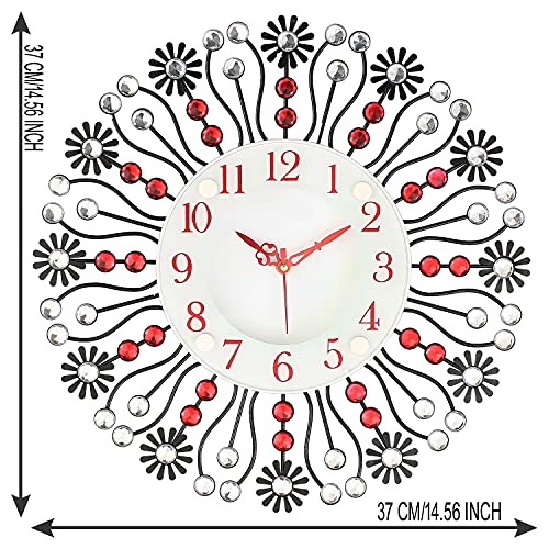 Image of CHRONIKLE Floral Design Stylish Round Diamond Studded Analog Metal Crystal Wall Clock for Living Room Home Decorations Office Gifts (Size: 37 x 5 x 37 CM | Color: Red & Black | Weight: 735 Gram)