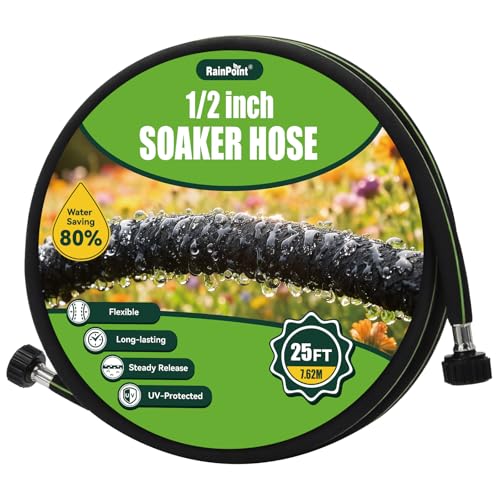 RAINPOINT 1/2 Soaker Hose 25ft for Garden Drip Irrigation Hose Water Seeper Soaker Hoses for Foundation Watering Save 80% Water for Vegetable Gardens Flower Beds Lawns Orchards Black