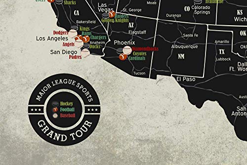 Grand Tour Stadium Map: Baseball + Hockey + Football Stadiums, Framed Push Pin Map - Includes 100 Mixed Colored Map Pins #TOP5