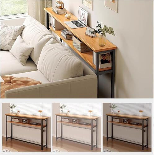 Mesa consola estrecha de 2 niveles con estructura metálica y estante de almacenamiento 4