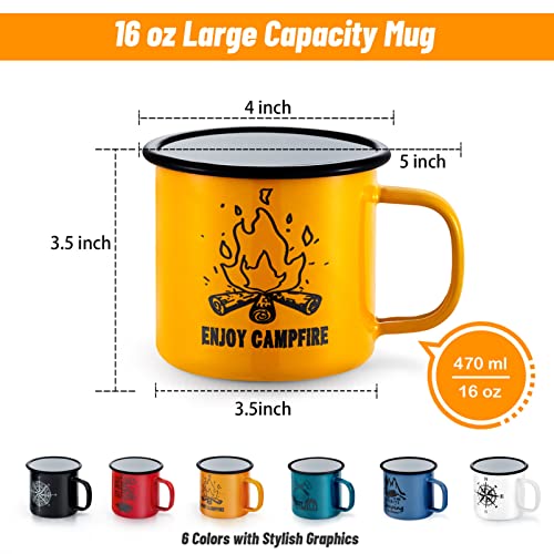 Teamfar 16 Oz Coffee Mug, Multi Colors Enamel Tea Mug Set Of 6, Camp Drinking Cups With Patterns For Milk Tea Beer, Non-Toxic & Portable, Lightweight & Durable, Wide Handle & Smooth Rim, Easy Clean #TOP1