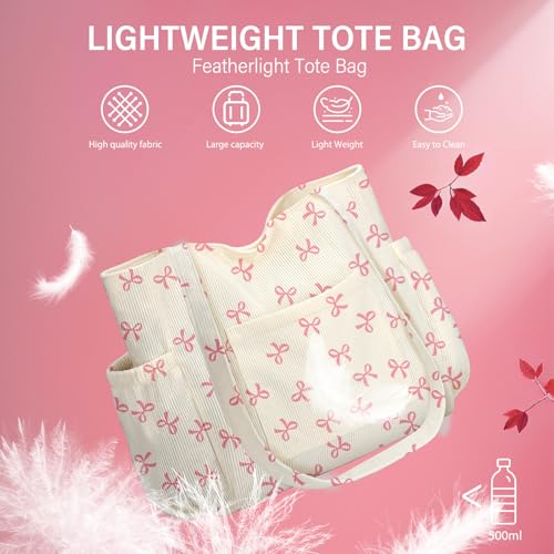 Corduroy Tote Bag for Women, Large Capacity Cute Tote Bags With 6 Pockets, Laptop Tote Bag Crossbody Shoulder Handbag Teacher Nurse Bags for Work Travel Gym(Pink Bows) - image 8
