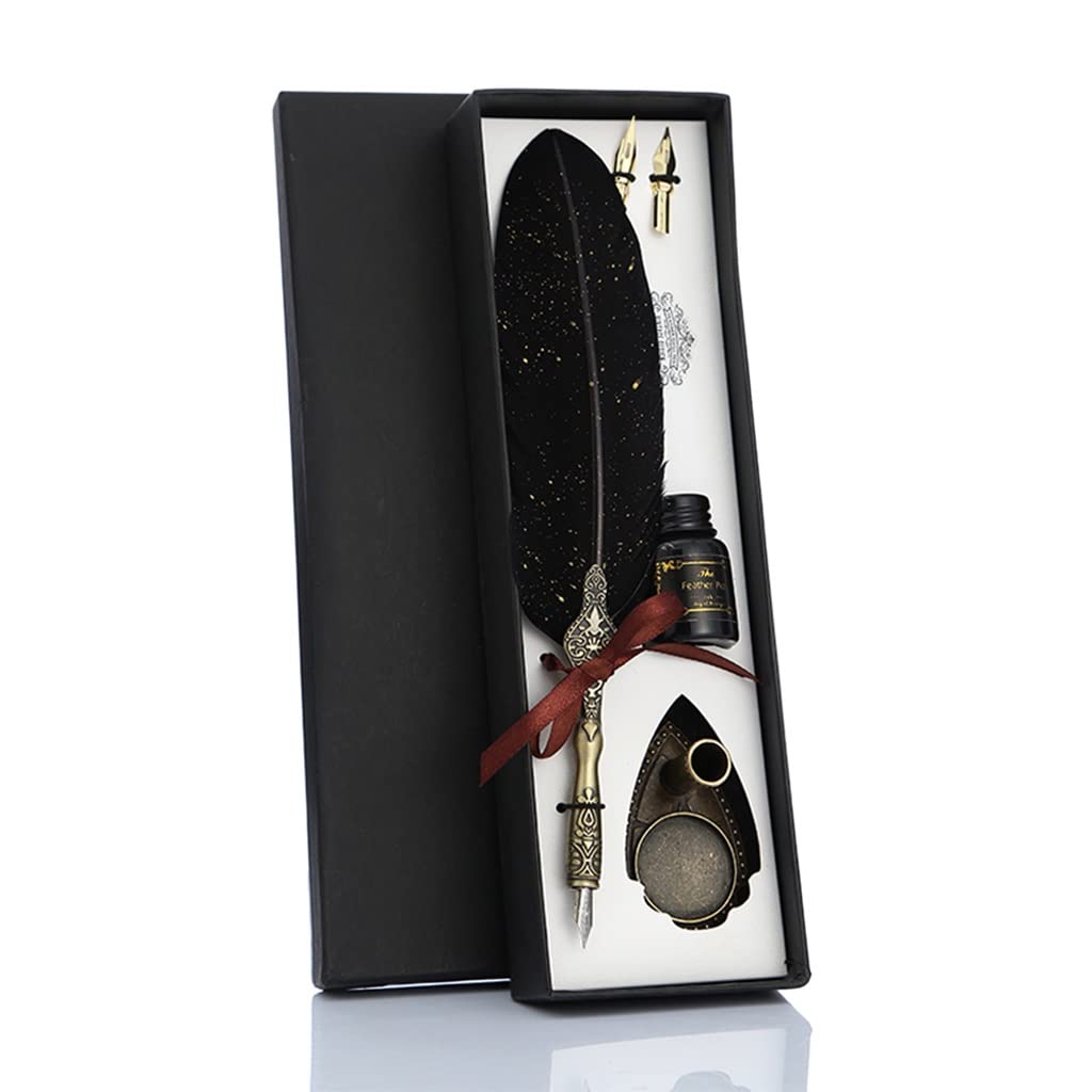 Plume d'oie Plume d'encre Plume, 1 Ensemble de stylos à Plume de Calligraphie Pratiques à Texture Classique, Stylo à Plume, écriture Portable et Pratique, Souvenirs de Mariage(Black)