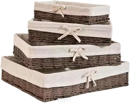 Nozuma 手編み収納バスケット 裏地付き籐製 洗える浅型 特大コーヒー色 デスクトップ収納/ファイル/フルーツ/雑貨/パン/キャンディ収納