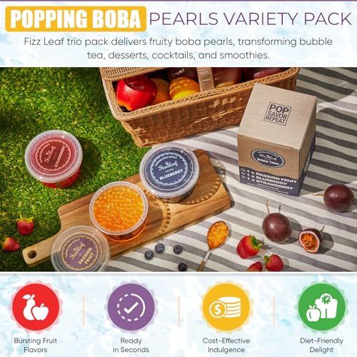 Fizzleaf Popping Boba Pearls Trio - Strawberry Popping Boba, Blueberry, Passion Fruit - Bubble Fruit Bursting Pearls for Bubble Tea, 3 Pack, 1 pound (490g) Each - Image 3