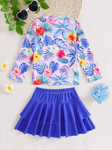 Image of Girls Rash Guard Swimsuit Set UPF 50+ Long Sleeve Two Piece Swimwear Half Zip with Skirt Bottom for Kids 3-10Y