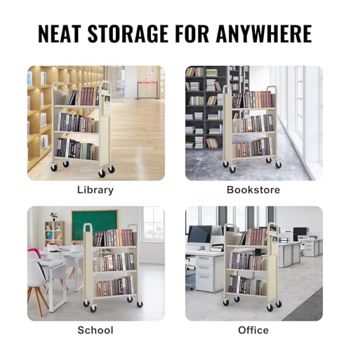 Image of VEVOR Book Cart, 330 lbs Library Cart, 31.1 inch x 15.2 inch x 49.2 inch Rolling Book Cart, Single Sided V-Shaped Sloped Shelves with 4-Inch Lockable Wheels for Home Shelves Office and School, Book Truck in Cream