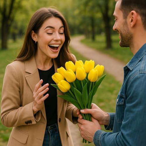 Image of Pink Olive Tulip Flowers Bunches | for Home Decor | Living Room, Corner Table, Bedroom, Wedding Party Decor, Gifting | Real Like Feel, Artificial Flower | Bunch of 05 (Yellow Tulip)