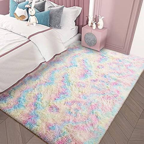 AROGAN Luxury Fluffy Girls Rug for Bedroom Kids Room 5 x 8 Feet, Super Soft Rainbow Area Rugs Cute Colorful Carpet for Nursery Toddler Home Cover