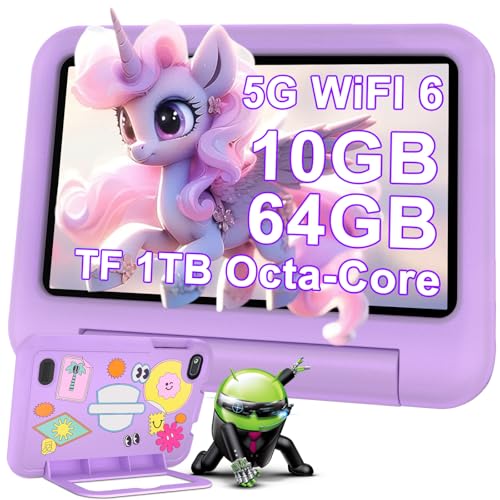 Tablet per Bambini Andorid 14 Tablets 7 Pollici 10GB RAM + 64GB ROM (TF 1TB), 5G WiFi 6, BT5.0, Octa-Core, Controllo Parentale | Doppia Fotocamera | GMS Certificated | GPS | Tablet con Custodia -Viola